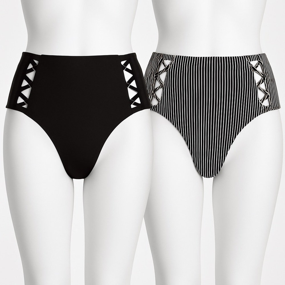 Bikini High Waist Bottoms 2-Pack Black Stripe‎ Size Large NWOT